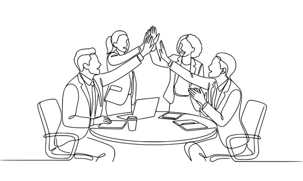 Continuous line drawing of a business team giving a high five during a meeting in the office