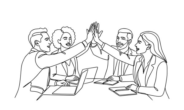 Continuous line drawing of a diverse business team celebrating success with a high five in the office