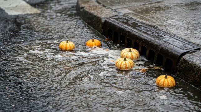 Small decorative pumpkins floating in rainwater near a storm drain curb on a rainy autumn day