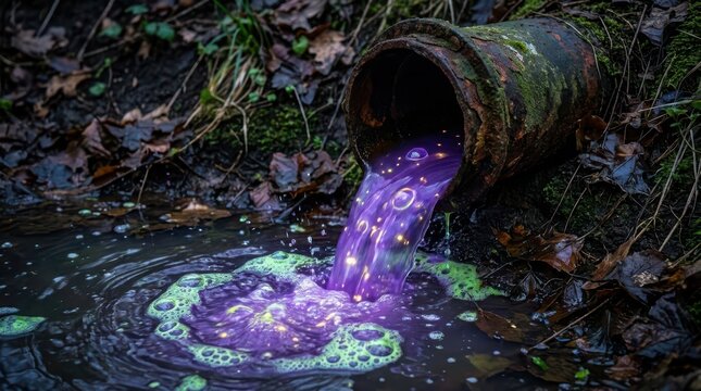 Mysterious glowing purple liquid with bubbles flowing from a rusty industrial pipe into a dark forest stream