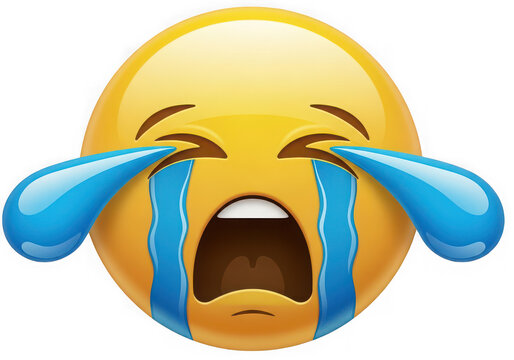 Crying face emoji with blue tears isolated on a high quality transparent background