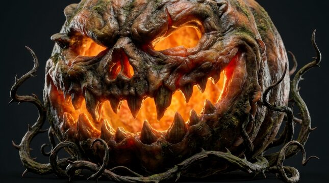 Spooky carved Halloween pumpkin with glowing orange eyes and mouth, surrounded by dark, twisted vines on a black background, concept of Halloween horror and fear