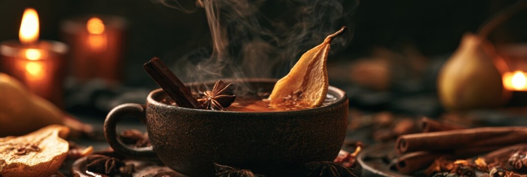 A steaming amber drink sits in a clay mug beside warm candlelight. The drink features a cinnamon stick, star anise, and dried pear.