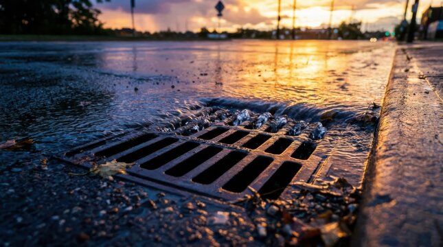Storm drain on a wet asphalt road during a beautiful sunset after a rain shower