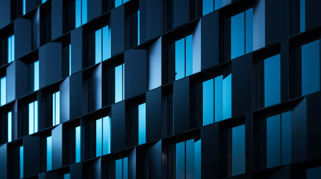 Modern Building Facade with Geometric Blue Windows