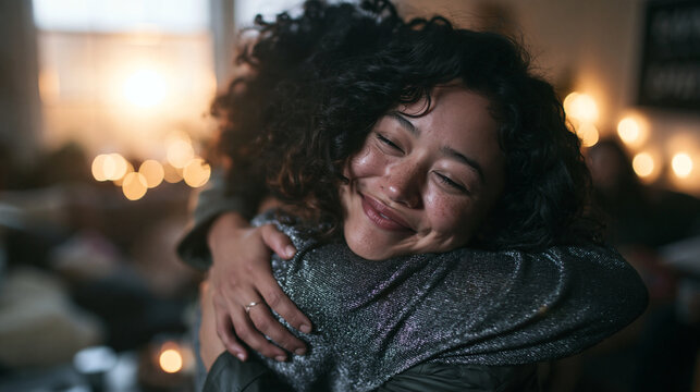 Happy Young Woman Hugging Friend at Celebration Gathering