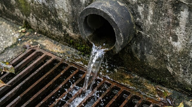 Water flowing from a concrete drainage pipe into a metal storm drain grate, representing urban water management and infrastructure