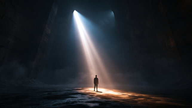 Person Standing in Dramatic Shaft of Light Inside Dark Chamber