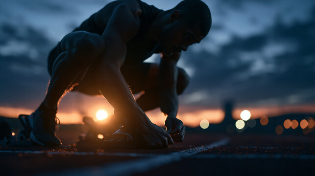 Sprinter Preparing on Running Track at Sunset