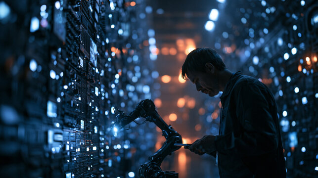 Engineer Programming Robotic Arm in High Tech Data Center