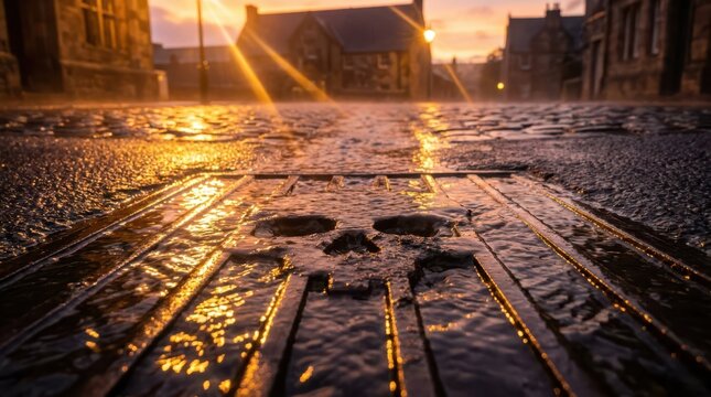 A mysterious skull shape formed by water and shadows on a wet cobblestone street drain at sunset