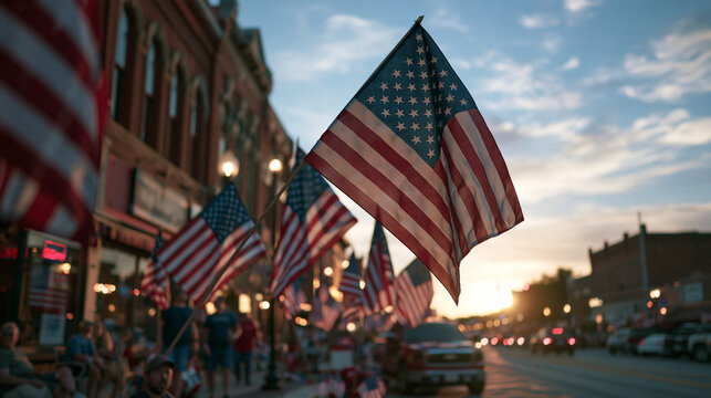American Flags Lining Main Street During Sunset Holiday Celebration