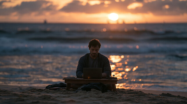 Digital Nomad Working on Laptop at Beach During Sunset