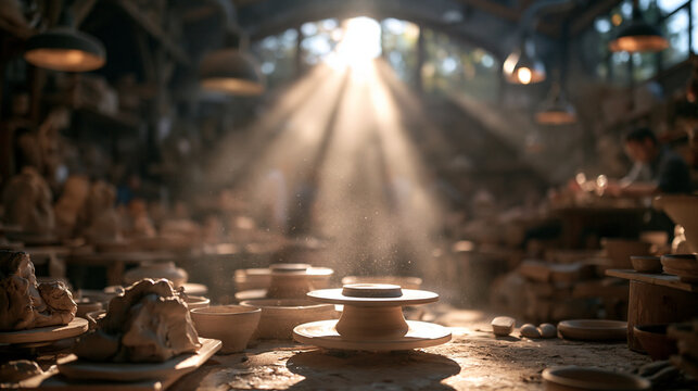 Pottery Wheel in Sunlit Ceramic Artisan Workshop