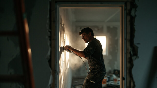 Worker Sanding Wall During Home Interior Renovation