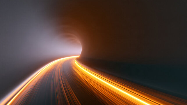 Light Trails Speeding Through Curved Futuristic Tunnel