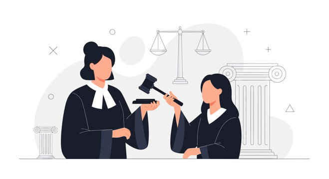 Two female judges in black robes holding a gavel and scales of justice, representing law and order, legal system, and justice concept.