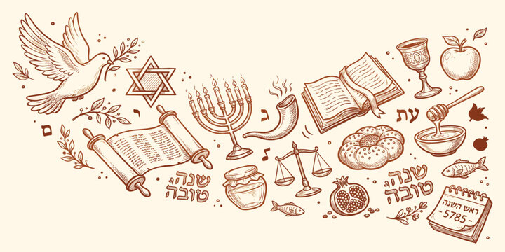 hand drawn jewish and hanukkah symbols vector set