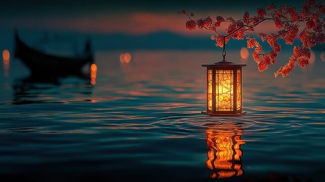 Glowing lantern on calm water.