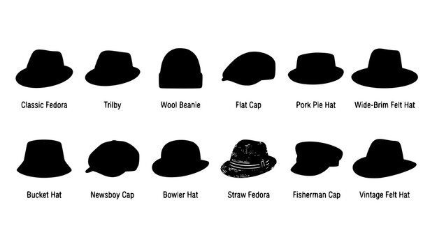 Hipster Hat Vector Set, Fedora Beanie Trilby and Fashion Hat Collection