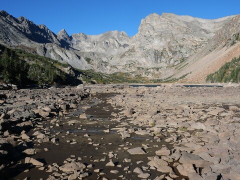 Low Water Level at Lake Isabelle Below Rocky Mountain Peaks in Colorado