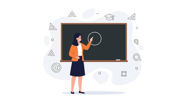Teacher in front of blackboard drawing a circle with chalk, flat design vector illustration with educational symbols