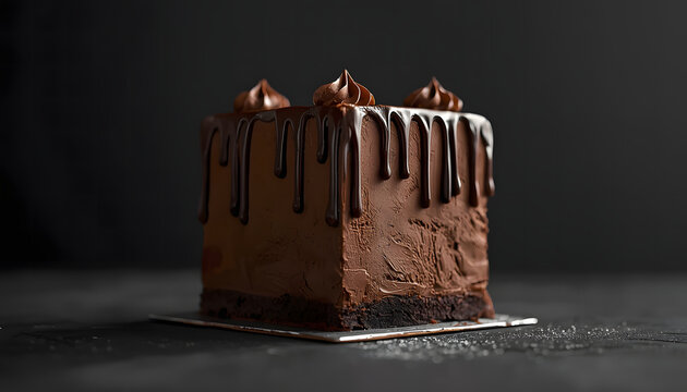 Decadent square chocolate drip cake with dark chocolate glaze frosting swirls on black rustic background, rich gourmet dessert and bakery concept