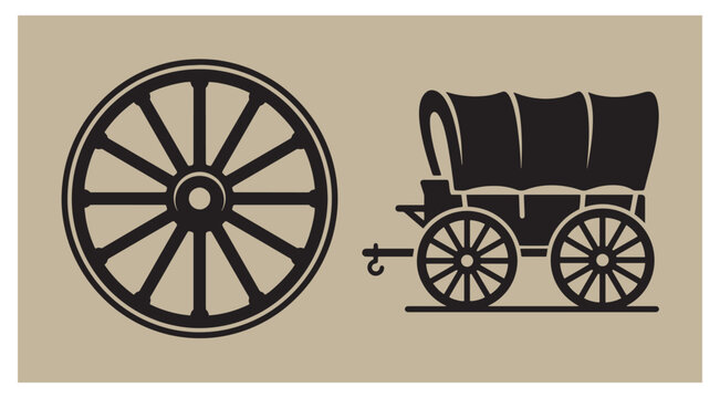 Vintage wooden wagon wheel and covered wagon graphic illustration with illustration historic transport transportation frontier carriage heritage