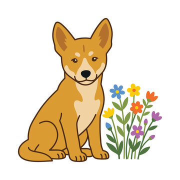 Cute dingo puppy sitting beside colorful flowers in isolated PNG with transparent background