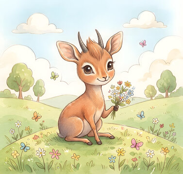 Cute Kirk's dik-dik antelope cartoon vector illustration in a sunny meadow with flowers