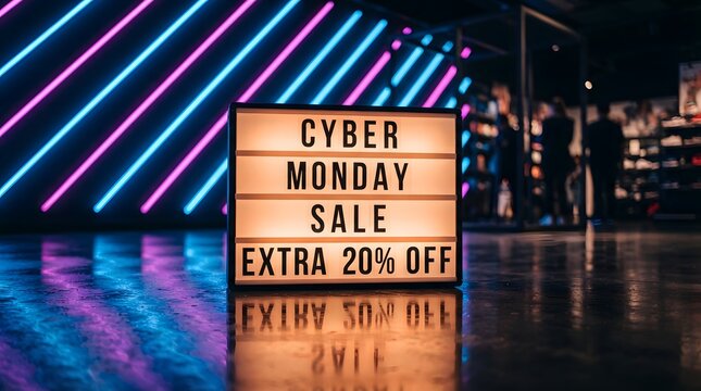 Light box sign displaying cyber monday sale and extra 20% off in a modern retail store with neon blue and pink lighting in the background