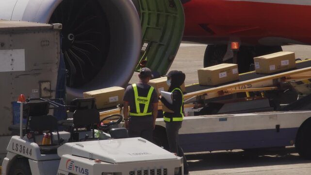 Airport ground staff managing cargo belt loader near jet engine, Taiwan, 2026.09.09.