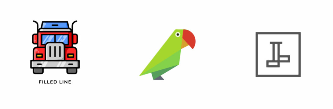 Colorful parrot and semi truck with filled line style icon set