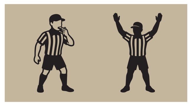 Two sports referee silhouettes blowing a whistle and signaling touchdown with referee silhouette official silhouette match referee game official