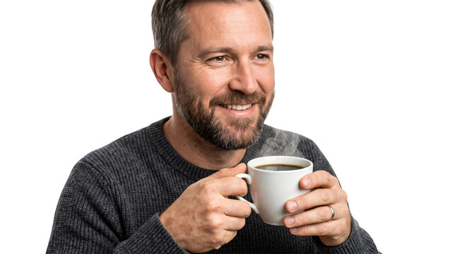 Mature businessman holding a steaming coffee cup. Smiling man wearing a dark gray sweater. White isolated background for corporate lifestyle concepts