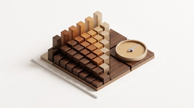 3D isometric analytics dashboard with wooden bar chart and clock