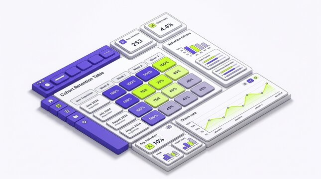 3D isometric dashboard with cohort retention table and churn rate