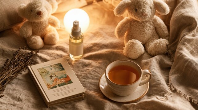 A flat lay shows childrens bedtime essentials like a storybook, plush animals, pillow mist, tea cup, and night light on a linen surface.