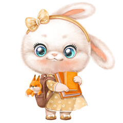 Fototapeta premium Cute cartoon bunny girl in a dress with school backpack and textbooks go to school