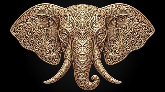 Ornate golden elephant head sculpture with intricate traditional mandala floral patterns on a dark background
