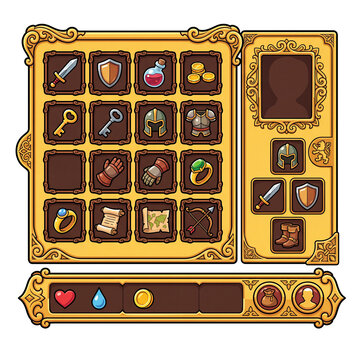 Fantasy RPG Game Inventory Layout UI Asset with Golden Decorative Frame