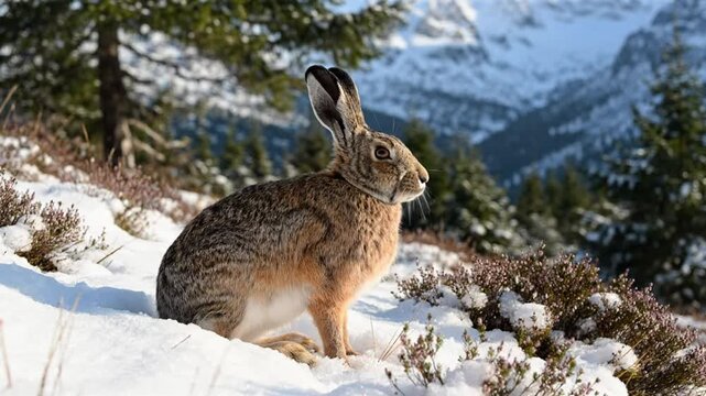 European hare in its winter coat sitting in the snow with a mountainous backdrop on a sunny day
