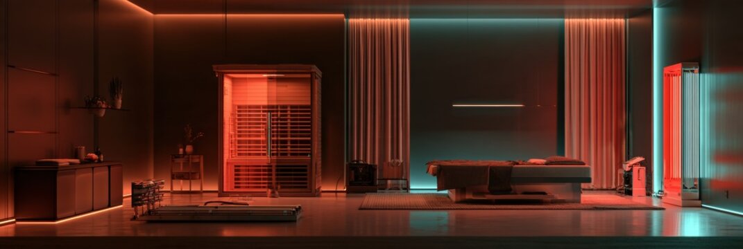 Treatment room shows a sleek design with an infrared sauna, PEMF mat, and red light panel, featuring amber and teal lighting accents.