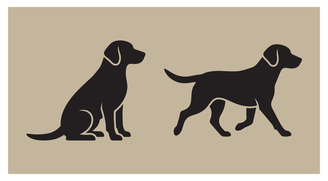 Black dog silhouette sitting and walking side profile graphic illustration with pet animal domestic animal obedient dog breed pet care