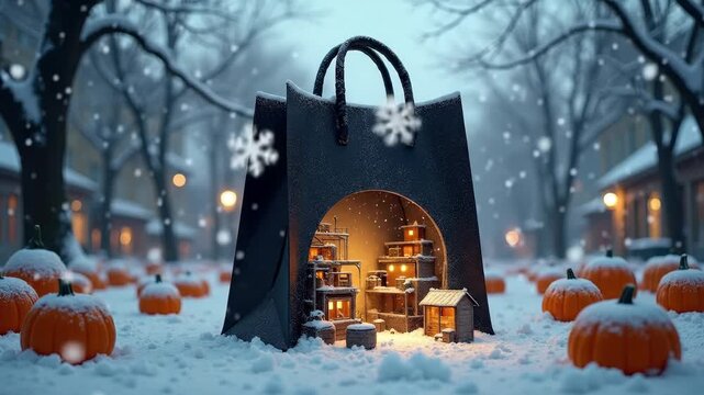 Winter Shopping Bag Adventure magic village snow pumpkin holiday festive snowy