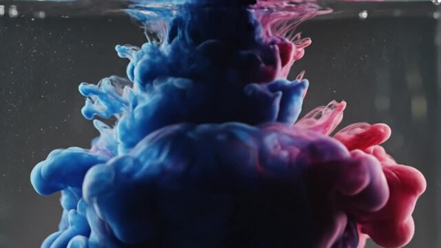 Mesmerizing visual of blue and red ink blending in clear water creating an abstract cloud of color with particle effect