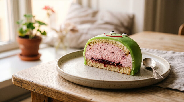 Swedish princess cake slice with marzipan frog face