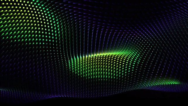 Abstract glowing green particle wave moving on dark backgrou