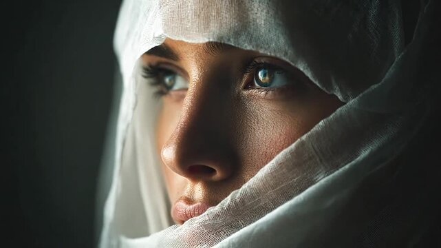 Middle Eastern woman wearing white veil looking away