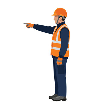 Construction worker in safety vest and hard hat pointing forward vector